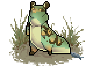 Pixel art of a fat green slugcat with golden & brown markings.